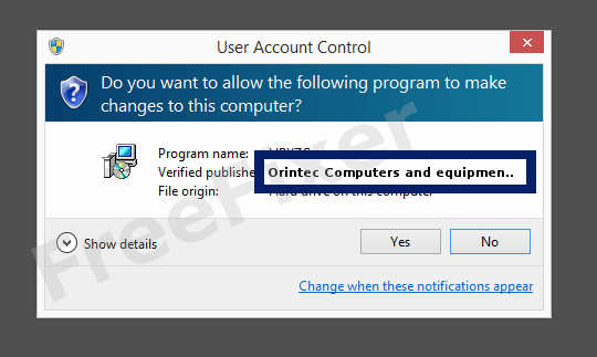 Screenshot where Orintec Computers and equipment limited appears as the verified publisher in the UAC dialog